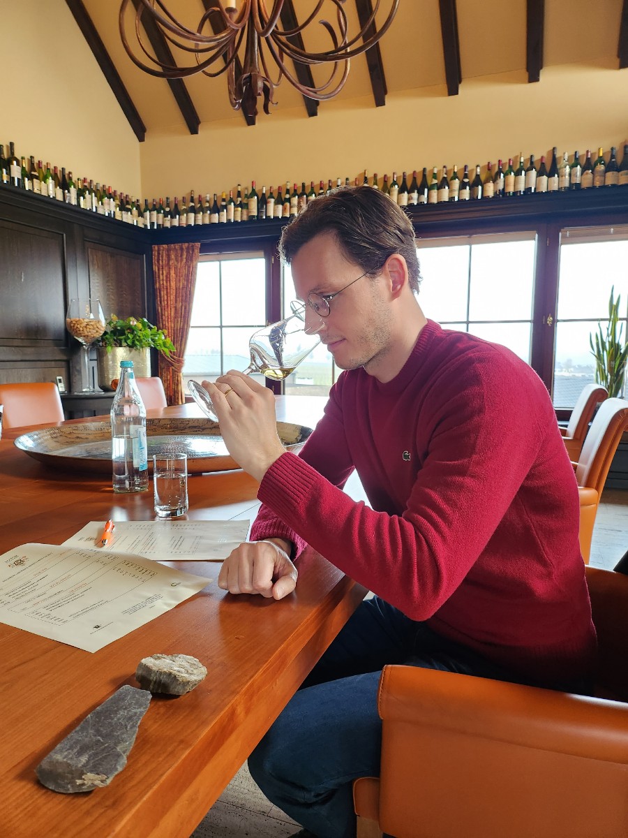 Me tasting wines at Nik Weis St. Urbans-Hof